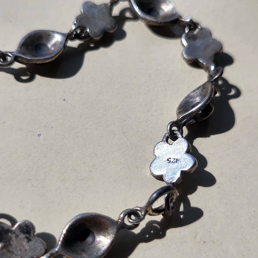 Vintage 925 Sterling Silver Black Onyx Marcasite Panel Link Bracelet Art Deco - Picture 7 of 10